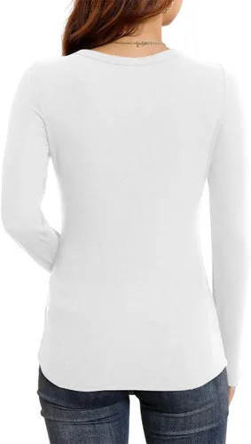 Vista 2 de HWOKEFEIYU Camisas básicas de manga larga para mujer, elásticas, delgadas, cuello redondo, acanaladas