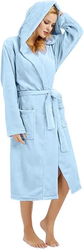 Vista 109 de HEARTNICE Bata de forro polar con capucha para mujer, bata de baño suave para mujer, bonito abrigo largo para casa