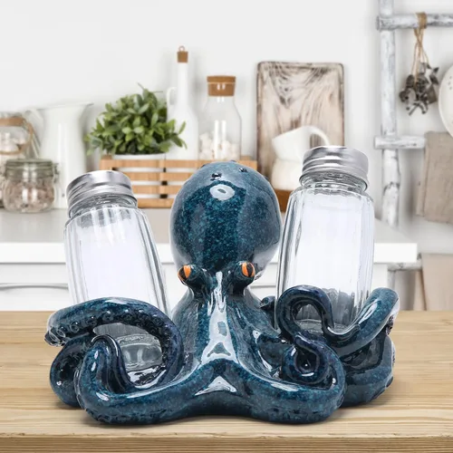 Vista 4 de Hodao Figuras de pulpo con salero y pimentero, juego de pulpo con soporte para bar de playa o decoración de cocina tropical, decoración de mesa