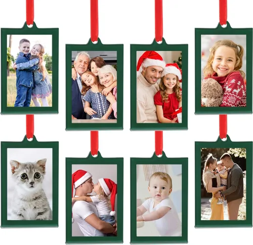 Vista 9 de UNIQOOO 8 adornos de marcos de fotos de acrílico negro de Navidad para mostrar fotografías, 2.5 x 2.5 pulgadas decoración colgante festiva, marcos