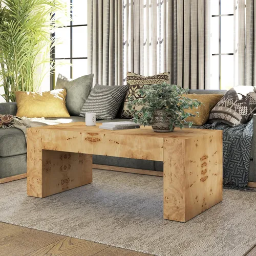 Vista 8 de COZAYH Mesa de café moderna de madera con acabado en buril, patas gruesas, mesa central rectangular para sala de estar, diseño elegante