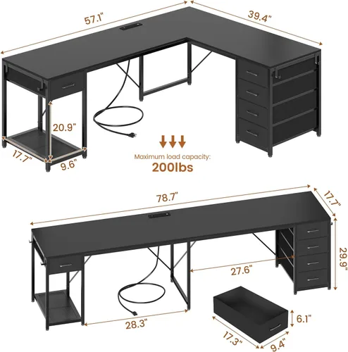 Vista 3 de Escritorio en forma de L de 57 pulgadas con 5 cajones, escritorio de esquina reversible para computadora con almacenamiento y tira de alimentación