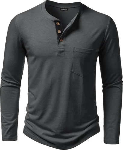 Vista 15 de LucMatton - Camiseta Henley para hombre, ligera, casual, elástica, ajuste entallado, manga larga, con bolsillo Verde militar