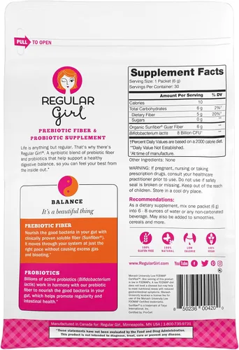 Vista 7 de Regular Girl Polvo orgánico, suplemento de fibra prebiótica y probióticos para mujeres, bajo FODMAP, 30 paquetes para llevar, sin sabor, 30 paquetes