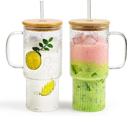 Vista 7 de Vaso de vidrio de borosilicato acanalado de 32 onzas con asa, tapa de bambú y popote (transparente, 1 unidad, tapa de bambú)