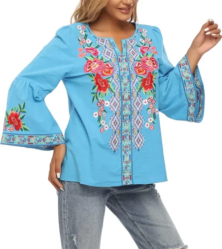 Vista 5 de YZXDORWJ Blusa casual mexicana campesina con volantes y mangas acampanadas para mujer, talla extra grande, talla XXL
