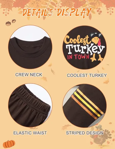 Vista 5 de WIQI Toddler Baby Boy Thanksgiving Outfit Turkey Letter Print Long Sleeve Striped Tops + Long Pants Thanksgiving Outfit Set