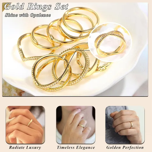 Vista 7 de 10 piezas de anillos delicados de oro de 14 quilates para mujer, diseño cruzado simulado de diamante con torsión abierta, perfectos para apilamiento