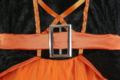 Vista 6 de LMYOVE Disfraz de bruja morada para niñas, disfraz de cosplay Helloween verde, naranja