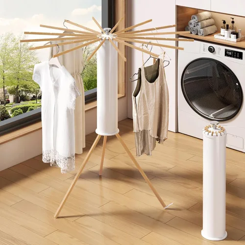 Vista 2 de Trípode plegable para secado de ropa, madera de haya y soporte de lavandería portátil, colgador plegable que ahorra espacio con 16 brazos