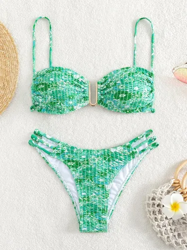 Vista 5 de MakeMeChic Traje de baño de 2 piezas para mujer con estampado floral y corte fruncido
