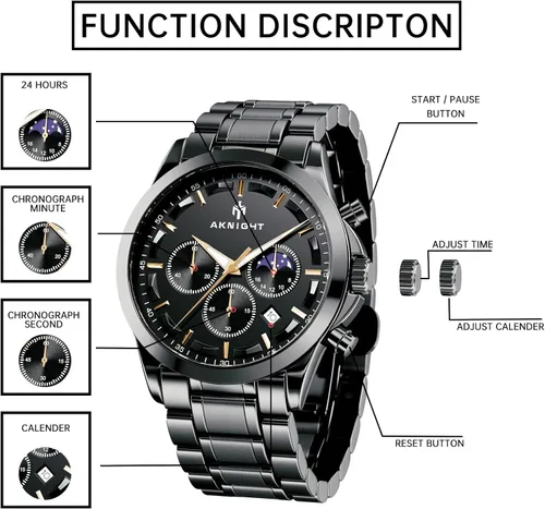 Vista 9 de AKNIGHT Men Watch Watch for Men Chronograph Analog Quartz Wristwatches Waterproof Wrist Watches Fashion Business Classic Watch, Easy Read Dress
