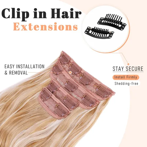 Vista 3 de Extensiones de cabello con clip de Vigorous de 20 pulgadas, con reflejos rubio playa, extensiones de cabello ondulado largo y suave de cabello