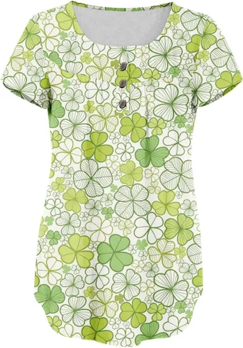 Vista 3 de St Patricks Day Shirt Womens Plus Size Tunics Button Up Henley V Neck Tops Pleated Short Sleeve Shamrock Tunic Shirts