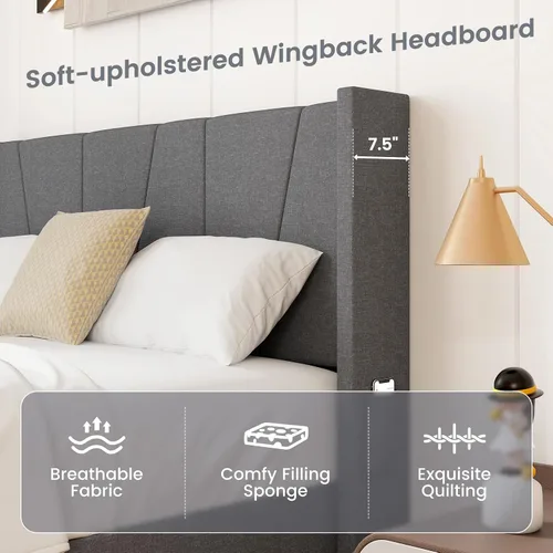 Vista 5 de KOMFOTT Base de cama tapizada tamaño Queen con cabecera con respaldo de ala, plataforma moderna con soporte de listones de madera, base de colchón