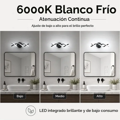 Vista 5 de Moderna iluminación LED negra para tocador, lámpara de baño sobre espejo, 18 pulgadas, 6000 K blanco frío Negro-18