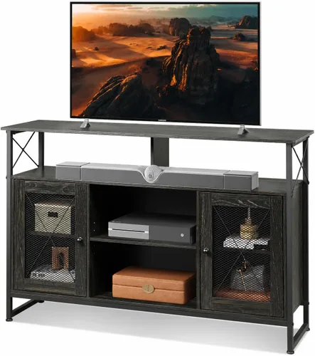 Vista 8 de WLIVE Soporte de TV para TV de 43 pulgadas, pequeño centro de entretenimiento con gabinete de almacenamiento y estantes ajustables, soportes de TV