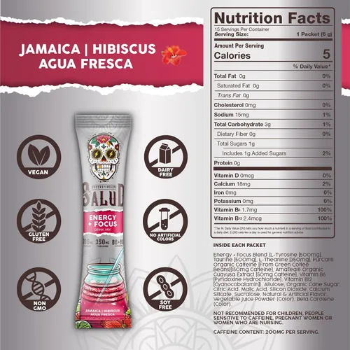 Vista 3 de Salud - Paquete de 2 2 en 1 Energy + Focus (Margarita de fresa) y energía + enfoque (hibisco) – 15 porciones cada una, mezcla de bebida Agua