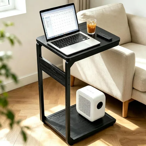 Vista 4 de Mesa auxiliar pequeña con pedestal de madera para sofá, mesa auxiliar en forma de C, bandejas de TV para comer, bebidas de café, cena, comida