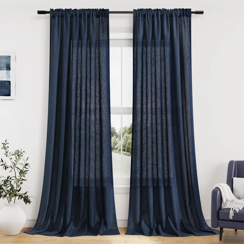 Vista 82 de Cortinas de lino verde aguamarina de 84 pulgadas de largo, juego de 2 paneles semitransparentes con bolsillo para barra para comedor, decoración