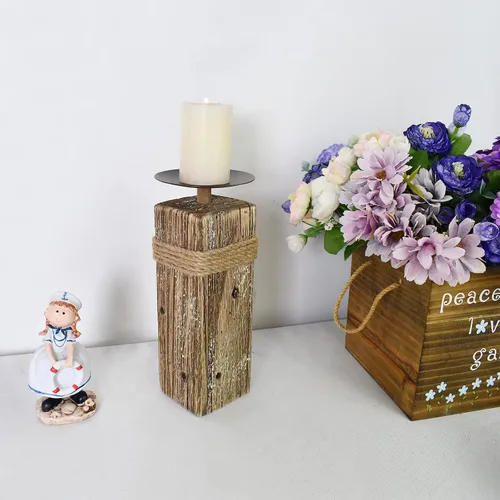 Vista 2 de Portavelas de madera para velas de pilar – Portavelas rústico de Navidad para chimenea, mesa, mesa de boda, mantel de mesa de Navidad de madera