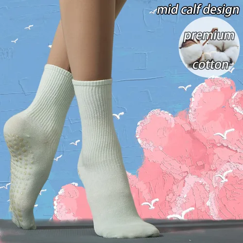Vista 3 de Calcetines de agarre para mujer, calcetines de yoga para pilates, antideslizantes, barre danza, hospital, correr, lindo, de algodón, 3/4 pares