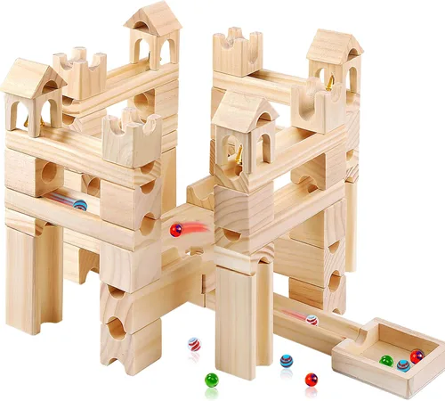 Vista 10 de Pista de Canicas de Madera para Niños de 4 a 8 años, 60 piezas de bloques de construcción de madera y juego de construcción, juego de laberinto