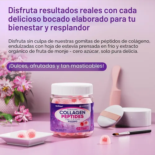 Vista 8 de Gomitas de colágeno para mujeres y hombres, 3000 mg, péptidos de colágeno hidrolizados con mezcla antioxidante y enzimas digestivas, colágeno