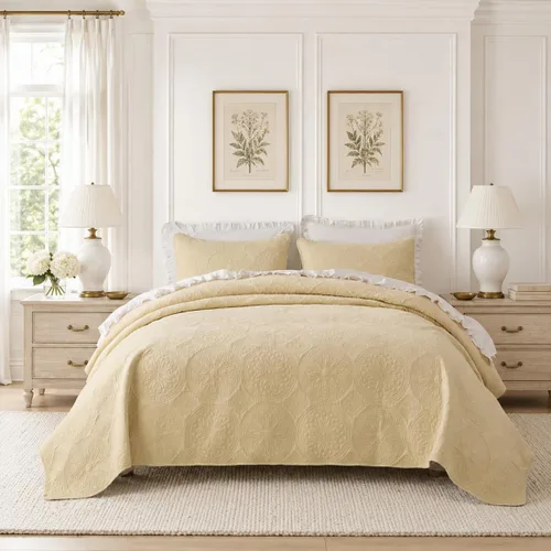 Vista 13 de Brandream Juego de Ropa de Cama Acolchado con Medallón de Lujo Tamaño King de Algodón Estilo Granja Juego de Edredón Tamaño Queen Colcha Matelassé
