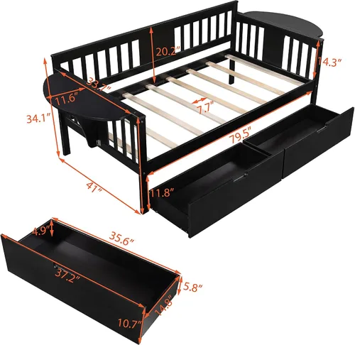 Vista 2 de Harper & Bright Designs Sofá cama de tamaño individual con cajones, sofá cama de madera para dormitorio, sala de estar, plataforma de madera