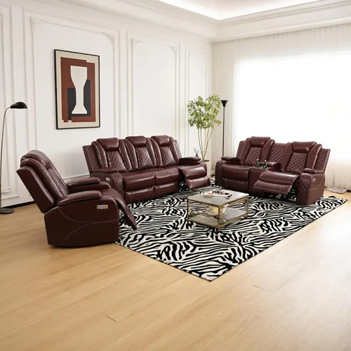 Vista 10 de Juego de sofá reclinable eléctrico con LED, juego de sofá de cuero transpirable para sala de estar, juego de sofá reclinable con puerto USB, Negro