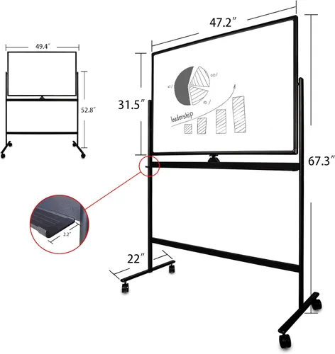 Vista 6 de Pizarra blanca móvil de grado industrial de 32 x 48 pulgadas de borrado en seco con soporte rodante con cerradura, pizarra blanca magnética de doble