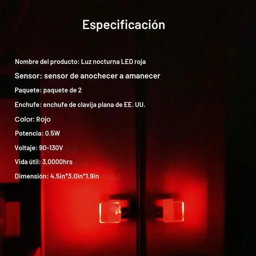 Vista 3 de Paquete de 2 luces nocturnas rojas enchufables, 0.5 W con sensor