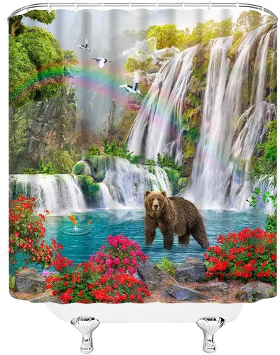 Vista 3 de Cortina de ducha con diseño de cascada, diseño de oso tropical, vida silvestre, oso, selva, flor, pájaro, plantas, arcoíris, naturaleza, paisaje