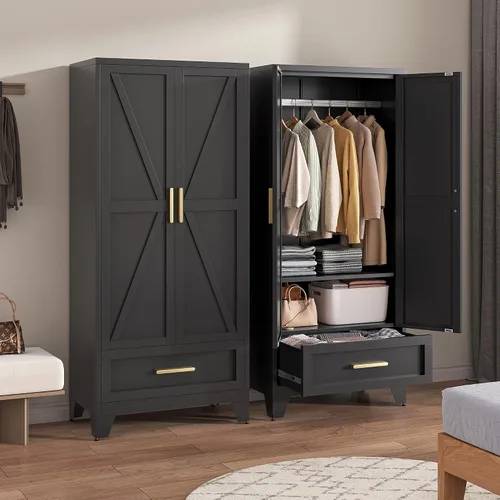 Vista 2 de LCAOPC Armario de metal de 71 pulgadas de alto con cajón y barra para colgar, armario de 2 puertas con estante para dormitorio, oficina, lavandería