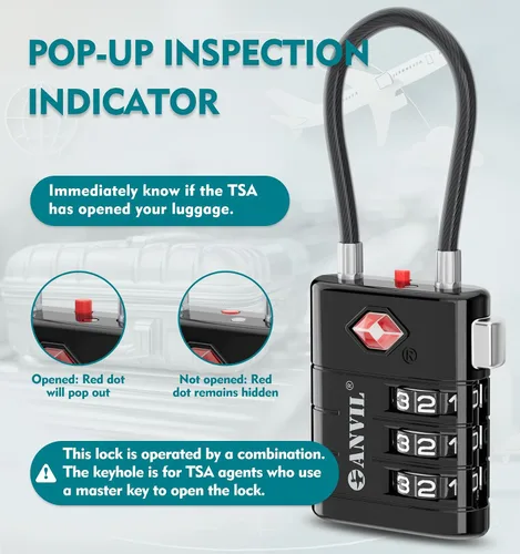 Vista 3 de ANVIL Candados para Equipaje Aprobados por TSA – Candados de Viaje de Combinación TSA008 de Alta Seguridad con Indicador de Inspección para Maletas
