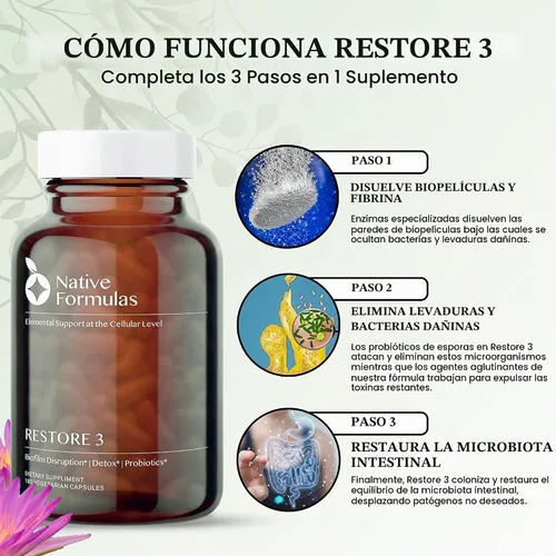 Vista 3 de Native Formulas Restore 3 Proteolíticas Enzimas y Esporas Suplemento de Mezcla Probiótica – 60 Cápsulas – Ayuda Avanzada para la Disrupción