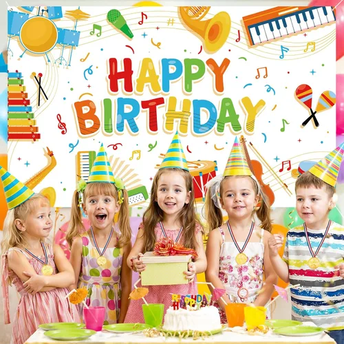 Vista 6 de Cartel de notas musicales para niños, decoración de feliz cumpleaños, instrumento musical, fondo de fiesta de rock and roll para niños y niñas