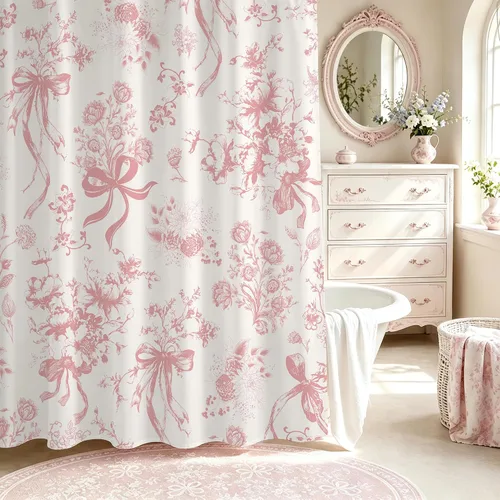 Vista 12 de MESHELLY Cortina de ducha con lazo rosa 72Wx72H Beige Femenino Lindo para B-rosa Blanco