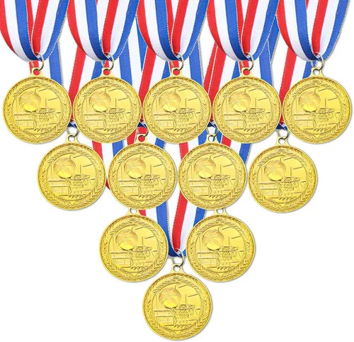 Vista 9 de RoundFunny 12 piezas de medallas de premios de baloncesto a granel, medallas de oro, premios de trofeos con cintas para el cuello, premios