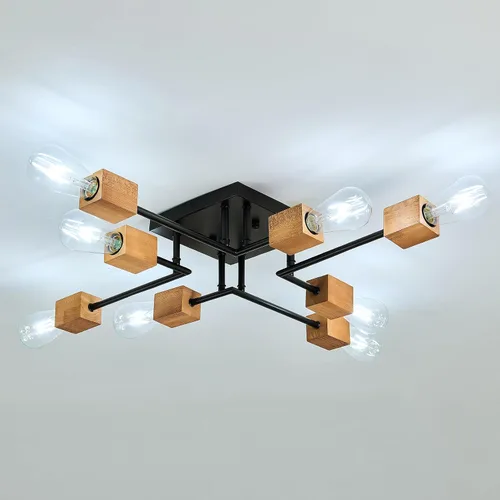 Vista 5 de Lámpara Sputnik moderna de 8 luces, color negro y madera, estilo retro, mate, lámpara de techo bohemia para cocina, comedor, sala de estar