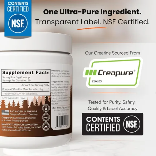 Vista 2 de Creapure - Monohidrato de creatina en polvo, 60 porciones, sin sabor, creatina certificada NSF para crecimiento muscular, fuerza y recuperación
