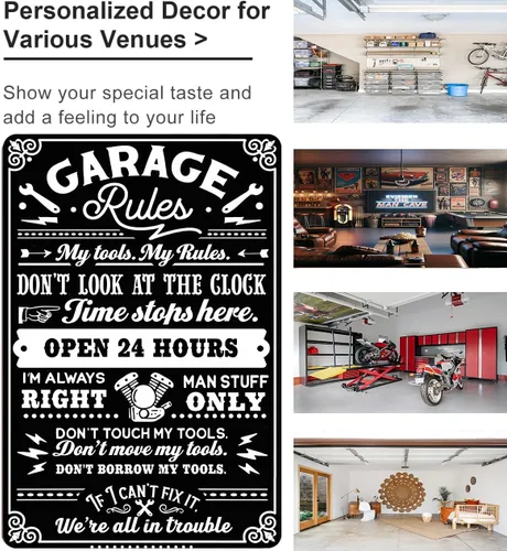 Vista 3 de Smilelife Regalos para hombres, papá, marido, divertido, garage, reglas, mis herramientas, mis reglas, letrero de hojalata, arte de pared de metal