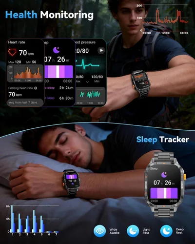 Vista 7 de Relojes inteligentes militares para hombres,Batería 1000mAh/linterna,Respuesta/Hacer llamadas