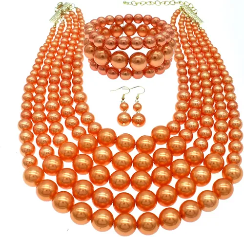 Vista 5 de JNF Collares grandes de perlas de imitación para mujer, collar de perlas de múltiples hebras, pulsera y aretes, collar de perlas para disfraz