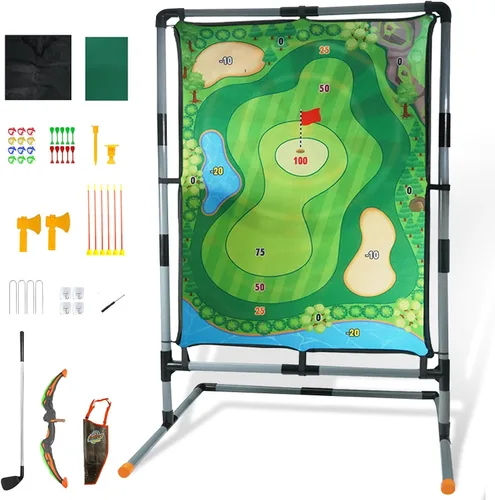 Vista 7 de Juego de astillado de golf con soporte, juego de práctica de golf multideportivo con tiro con arco, hacha, dardos, alfombrilla de golpeo de doble