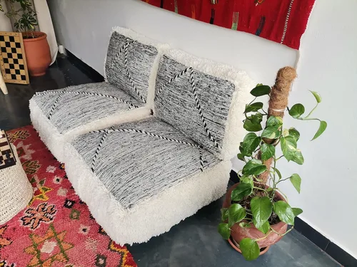 Vista 4 de FoamRush Sofá marroquí de 2 plazas de 8 x 24 x 48 pulgadas, diseño de rayas blancas y negras, sofá de piso, sofá moderno minimalista, sofá modular