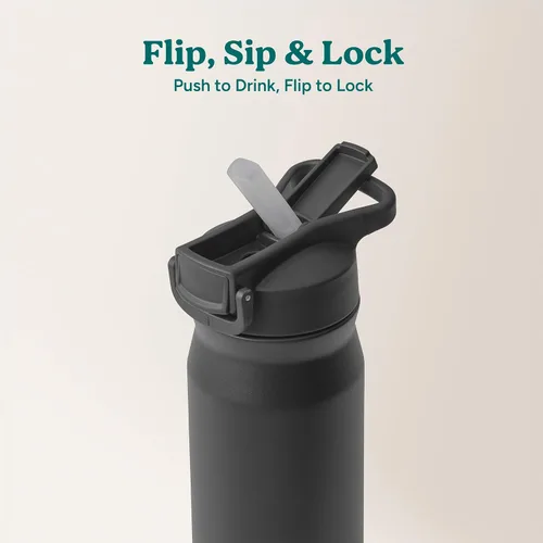 Vista 4 de REDUCE Hydrate Pro - Botella de agua aislada de acero inoxidable de 24 onzas, tapa abatible a prueba de fugas, apta para lavavajillas, sin BPA, Negro