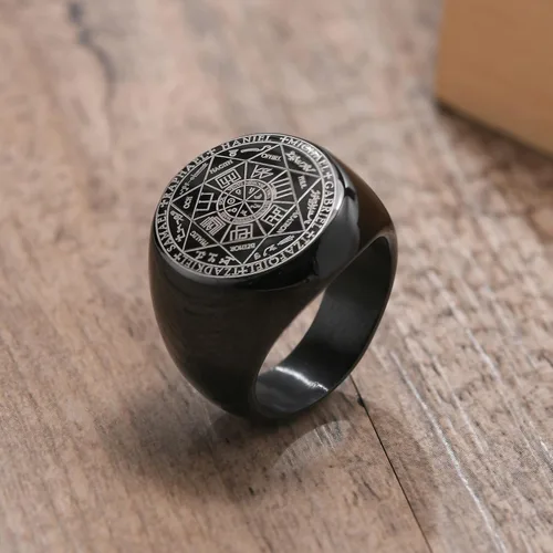 Vista 6 de Hisatan Anillo de sello The Seal of The Seven Archangels para hombre Anillo de acero inoxidable con sello de ángeles para motociclista Joyería