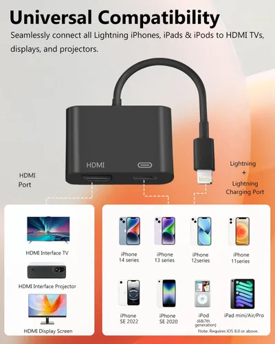 Vista 2 de Adaptador Lightning a HDMI para iPhone, [certificado Apple MFi] Dongle digital AV, cable de pantalla de sincronización 1080P con puerto de carga